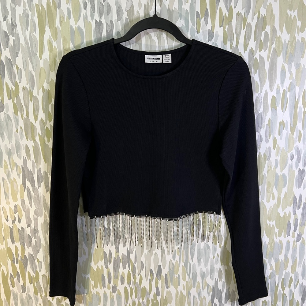 Black Long Sleeve Crop Top with Rhinestone Fringe